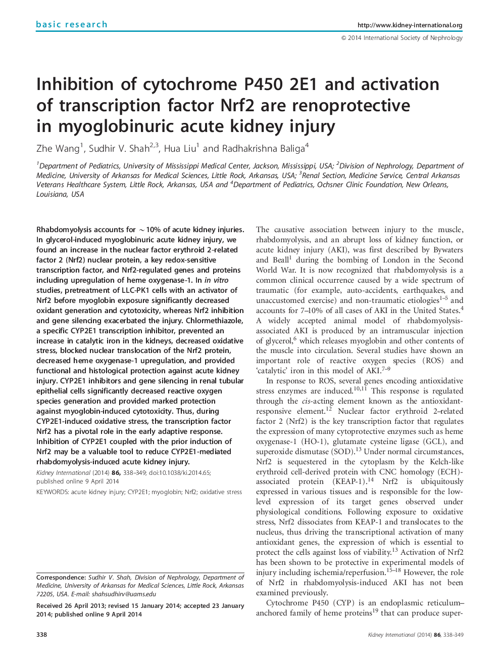 Inhibition of cytochrome P450 2E1 and activation of transcription factor Nrf2 are renoprotective in myoglobinuric acute kidney injury