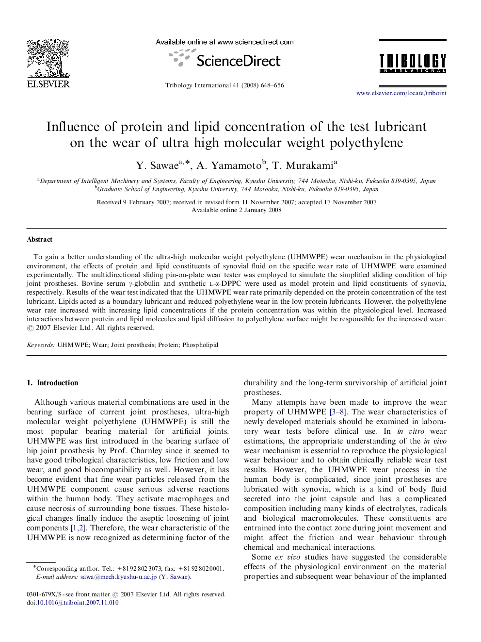 Influence of protein and lipid concentration of the test lubricant on the wear of ultra high molecular weight polyethylene