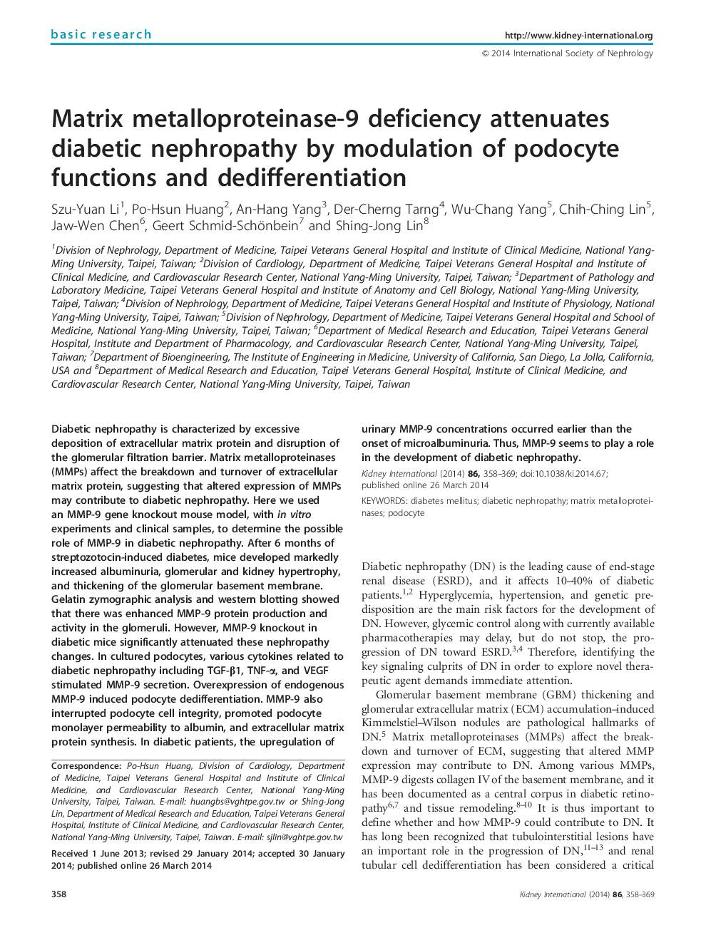 نقص ماتریکس متالوپروتئیناز 9 موجب کاهش نفروپاتی دیابتی به وسیله مدولاسیون توابع پادوکسی و تقسیم بندی می شود 