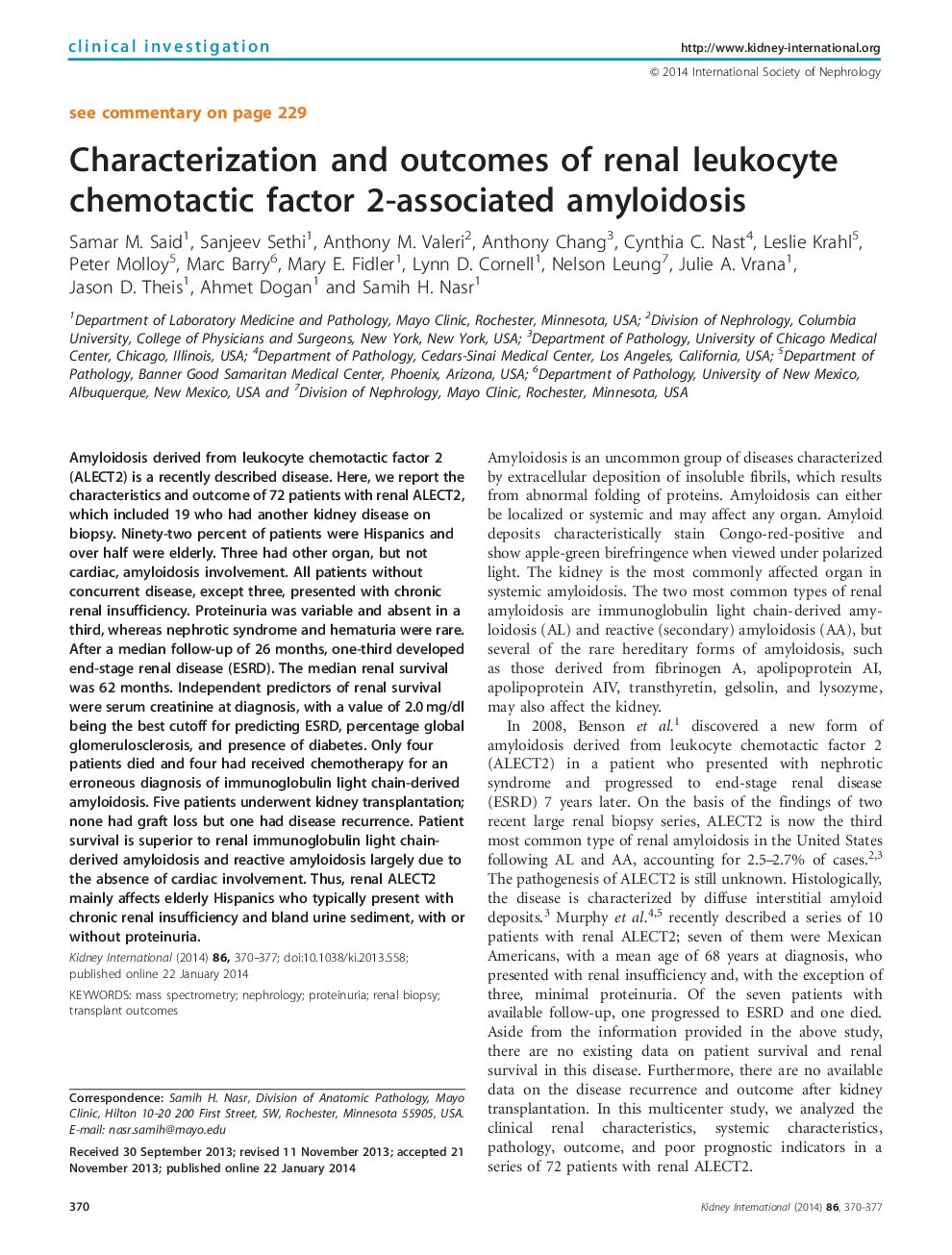 مشخصات و نتایج آمیلوئیدوز وابسته به کمیتوتاکتیک کلیوی لکوسیت 2 