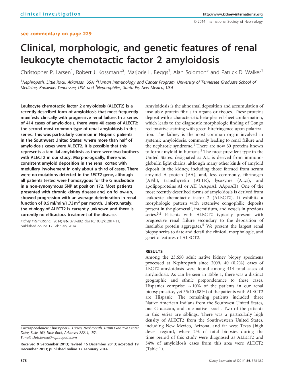Clinical, morphologic, and genetic features of renal leukocyte chemotactic factor 2 amyloidosis