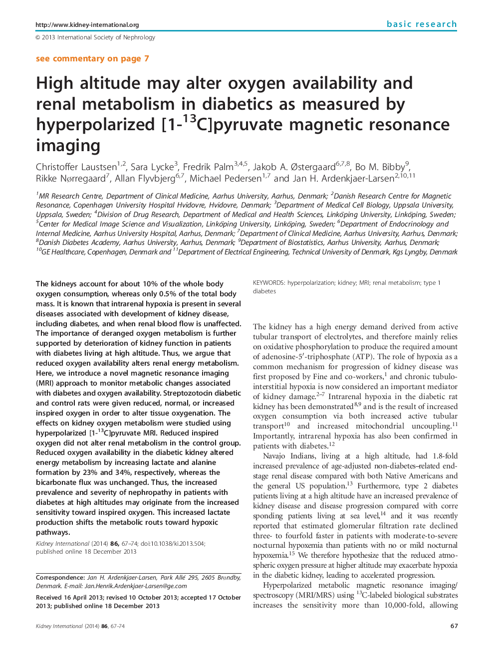 High altitude may alter oxygen availability and renal metabolism in diabetics as measured by hyperpolarized [1-13C]pyruvate magnetic resonance imaging