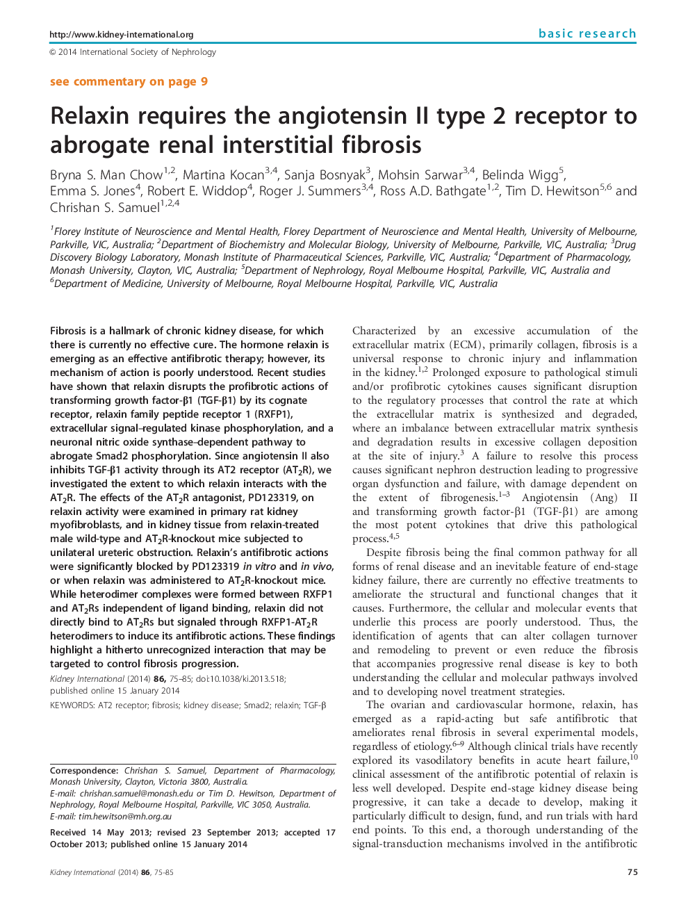 Relaxin requires the angiotensin II type 2 receptor to abrogate renal interstitial fibrosis