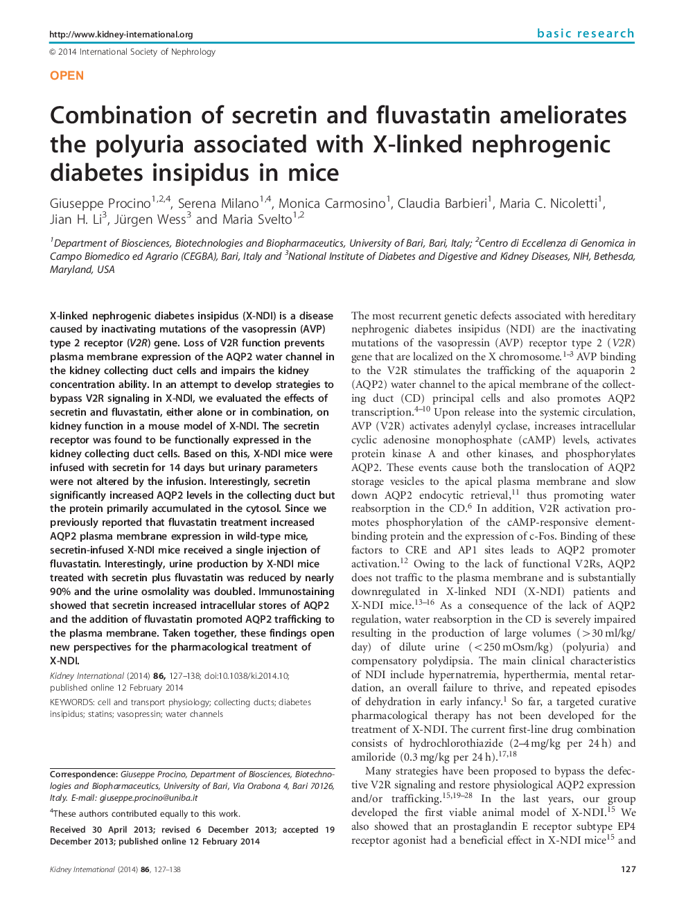 Combination of secretin and fluvastatin ameliorates the polyuria associated with X-linked nephrogenic diabetes insipidus in mice