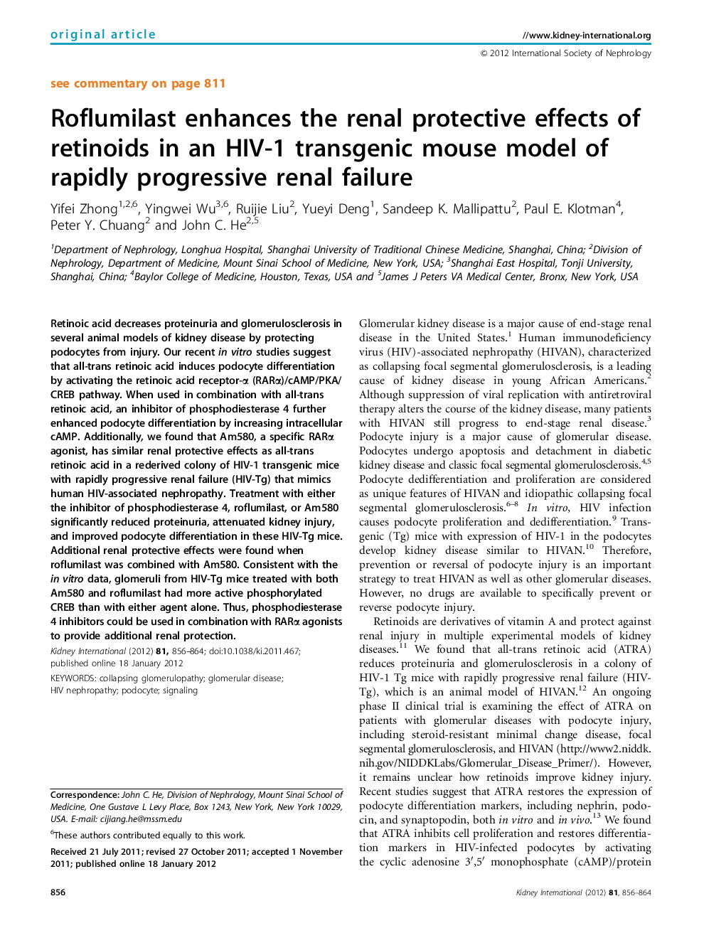 Roflumilast enhances the renal protective effects of retinoids in an HIV-1 transgenic mouse model of rapidly progressive renal failure