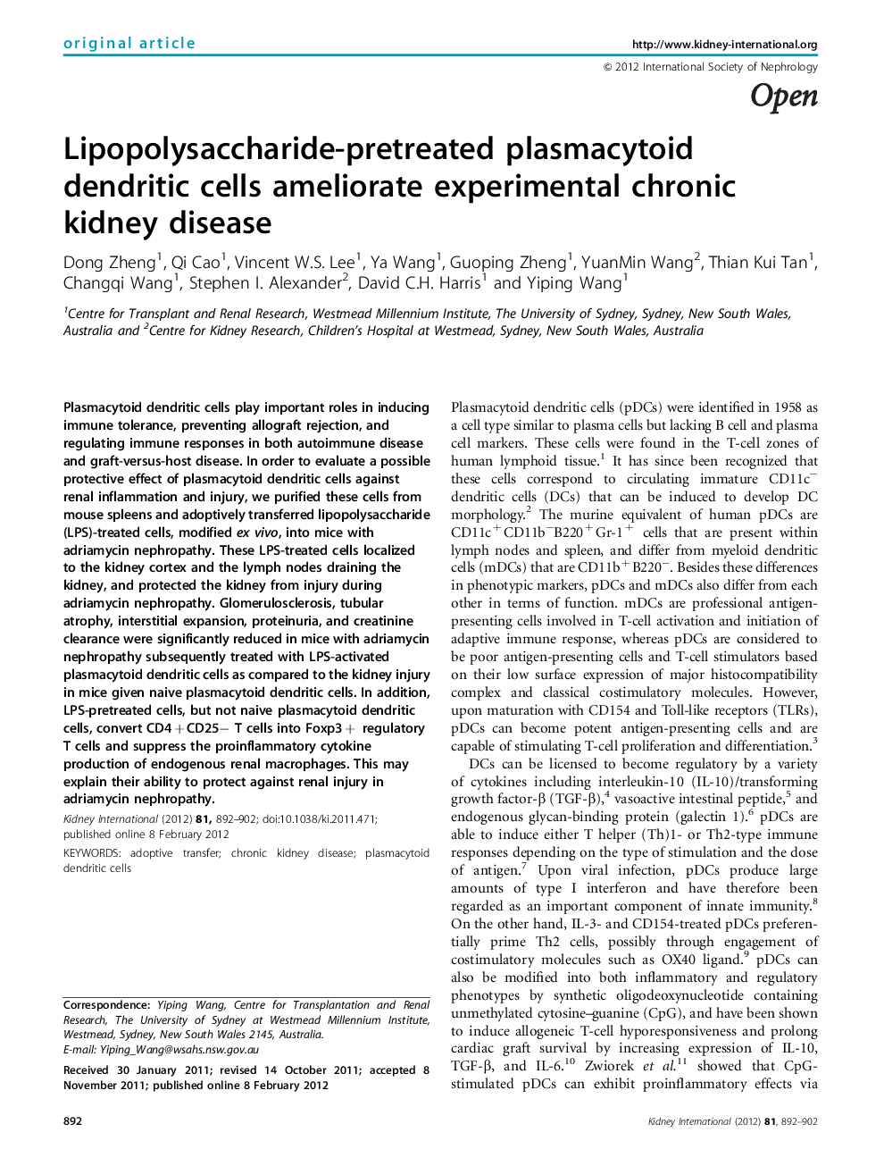 Lipopolysaccharide-pretreated plasmacytoid dendritic cells ameliorate experimental chronic kidney disease