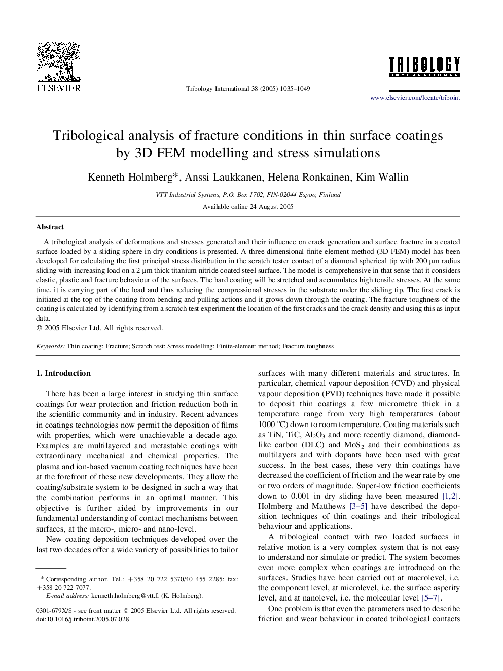 Tribological analysis of fracture conditions in thin surface coatings by 3D FEM modelling and stress simulations