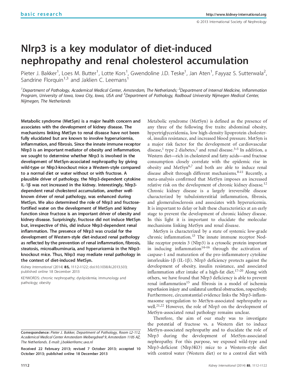 Nlrp3 is a key modulator of diet-induced nephropathy and renal cholesterol accumulation