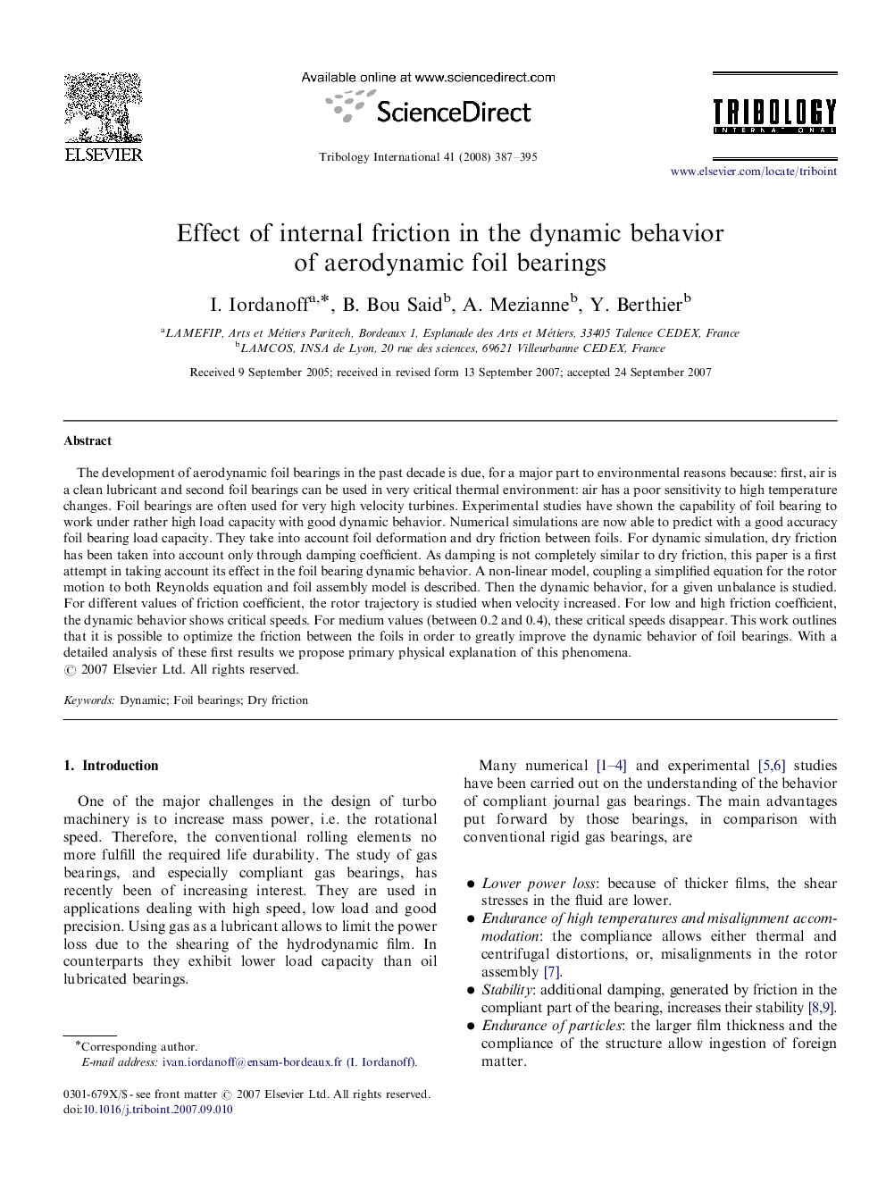 Effect of internal friction in the dynamic behavior of aerodynamic foil bearings