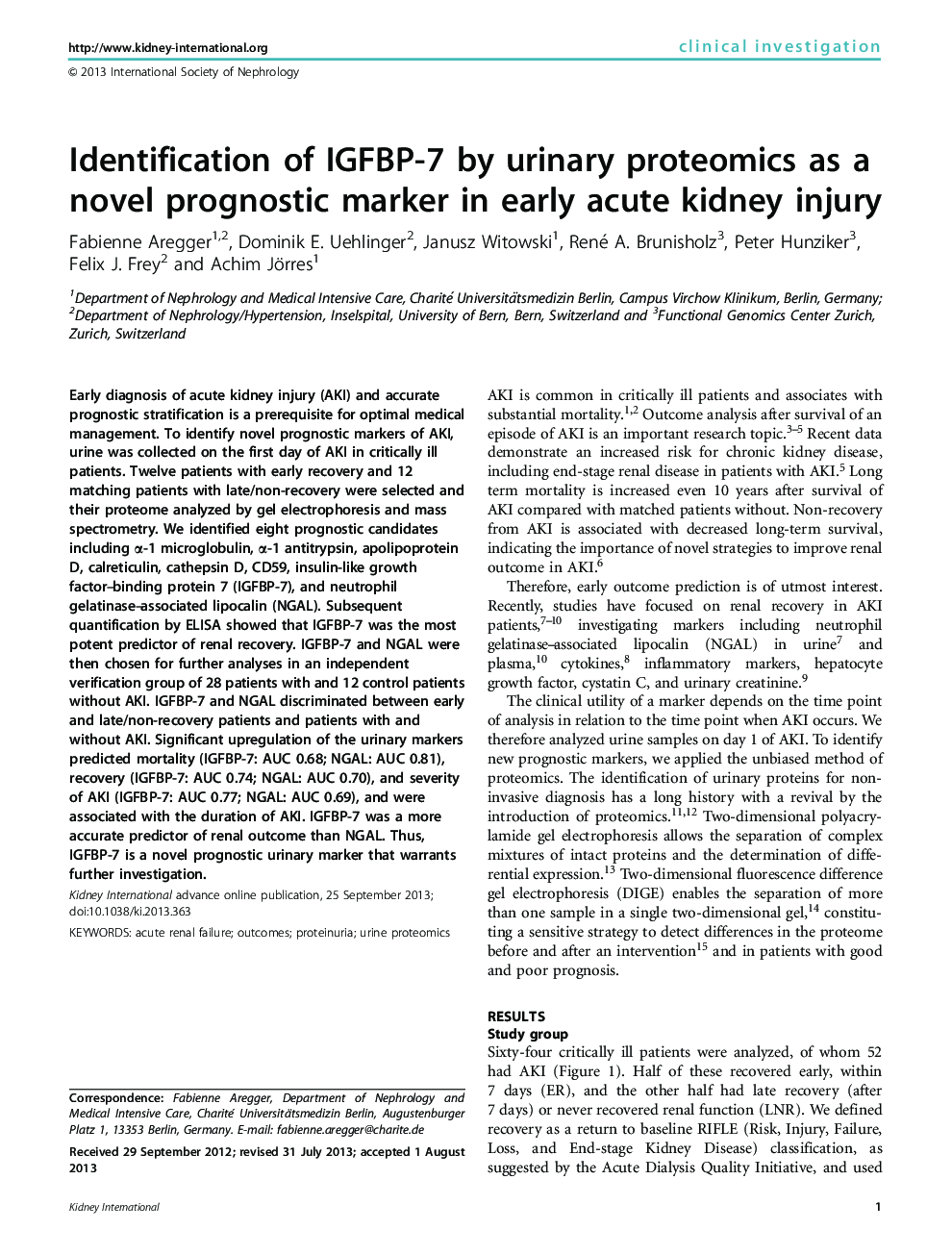 Identification of IGFBP-7 by urinary proteomics as a novel prognostic marker in early acute kidney injury