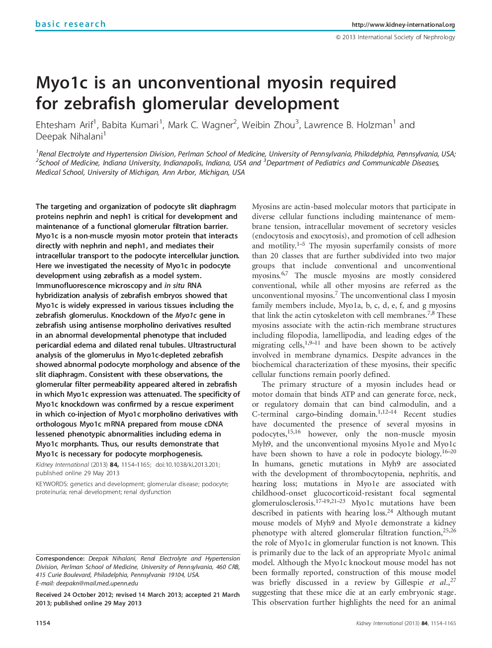 Myo1c is an unconventional myosin required for zebrafish glomerular development