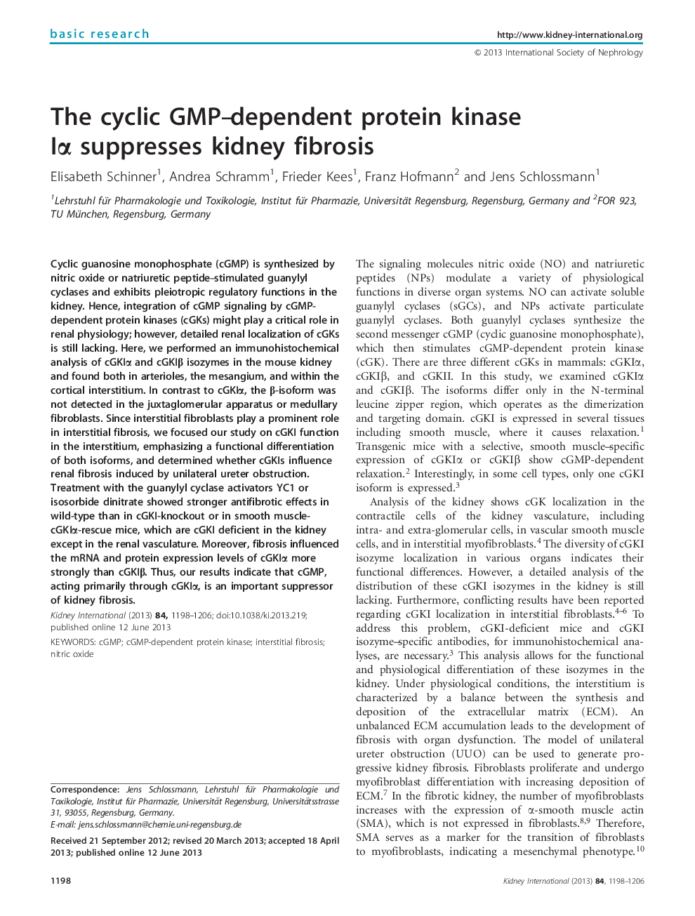 The cyclic GMP-dependent protein kinase IÎ± suppresses kidney fibrosis