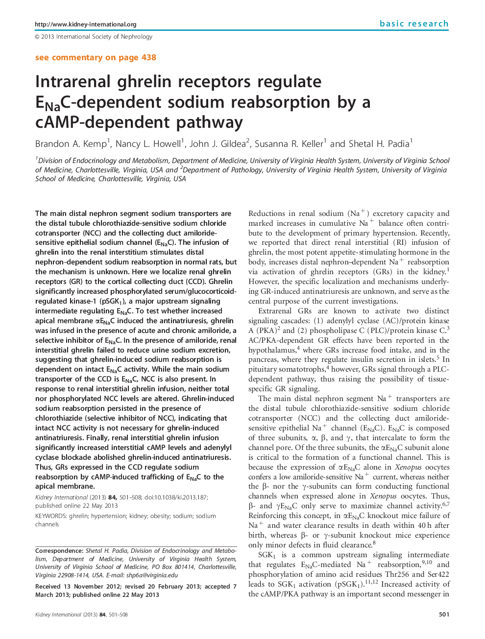 Intrarenal ghrelin receptors regulate ENaC-dependent sodium reabsorption by a cAMP-dependent pathway