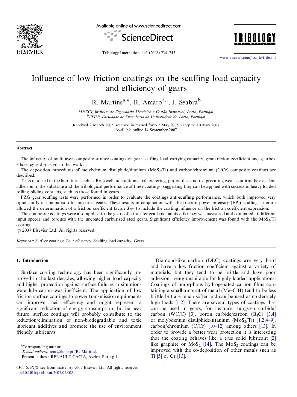 Influence of low friction coatings on the scuffing load capacity and efficiency of gears