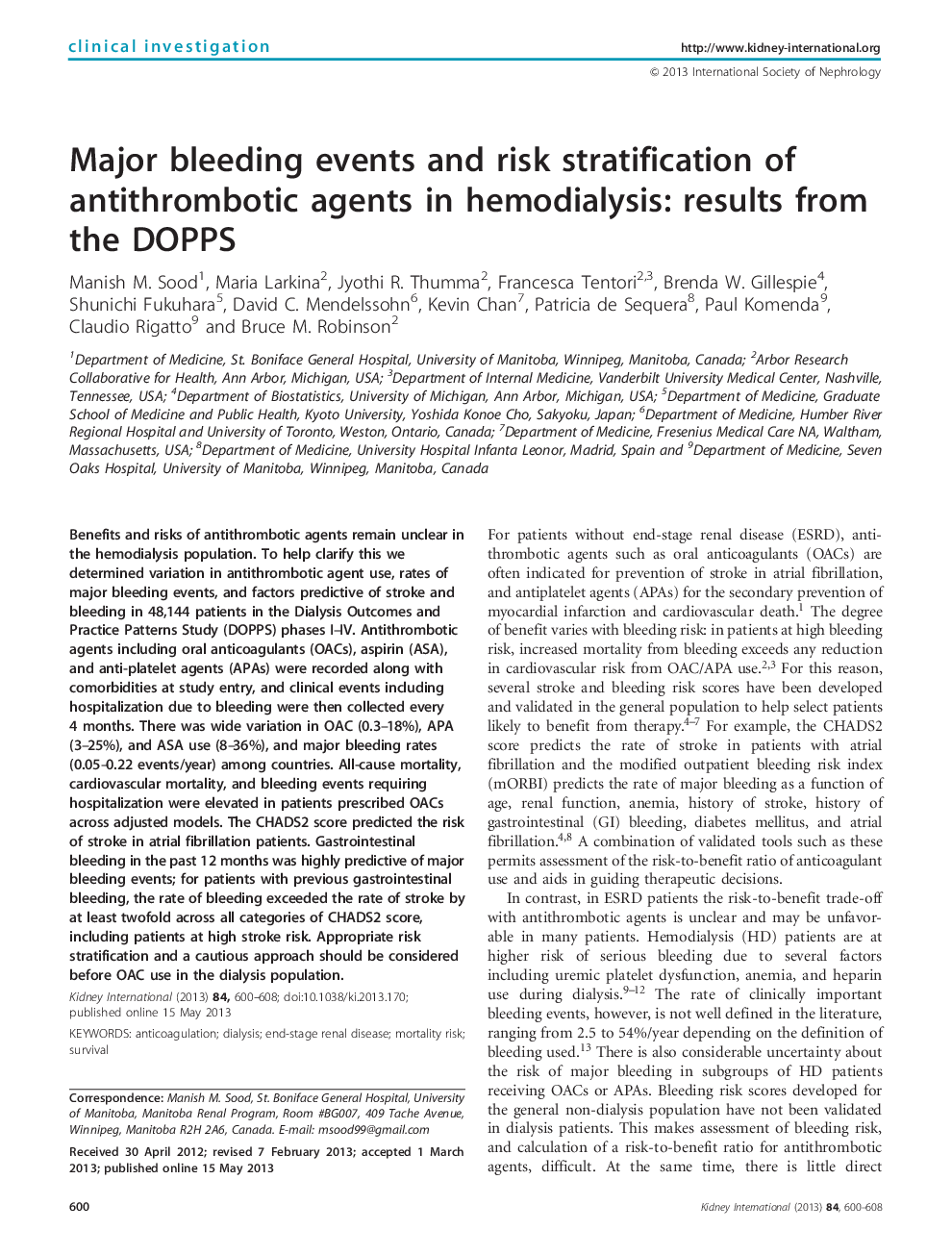 Major bleeding events and risk stratification of antithrombotic agents in hemodialysis: results from the DOPPS