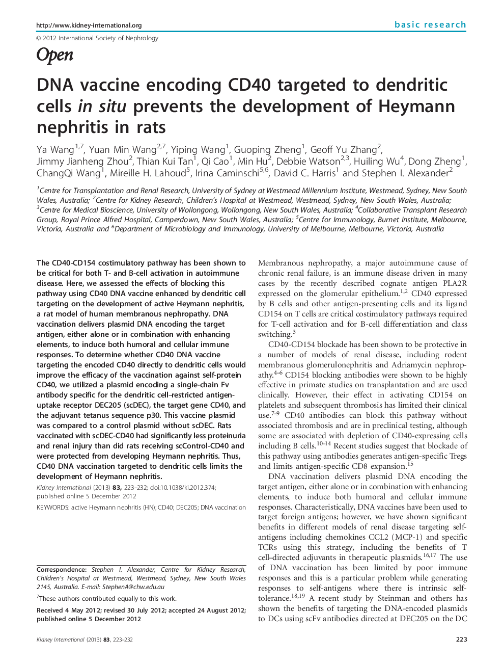 DNA vaccine encoding CD40 targeted to dendritic cells in situ prevents the development of Heymann nephritis in rats