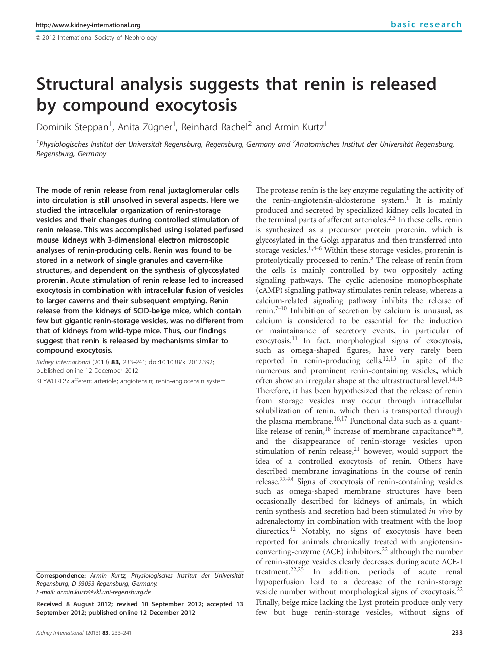 Basic ResearchStructural analysis suggests that renin is released by compound exocytosis