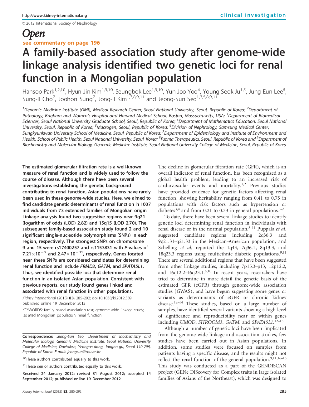 A family-based association study after genome-wide linkage analysis identified two genetic loci for renal function in a Mongolian population