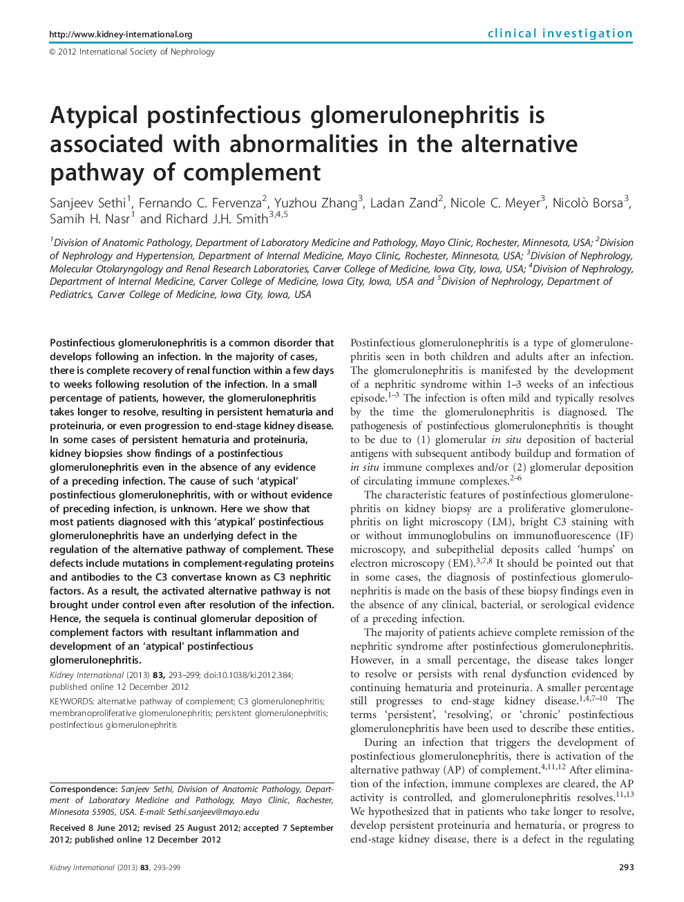 Atypical postinfectious glomerulonephritis is associated with abnormalities in the alternative pathway of complement