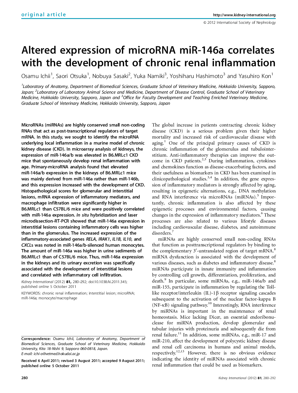 Altered expression of microRNA miR-146a correlates with the development of chronic renal inflammation