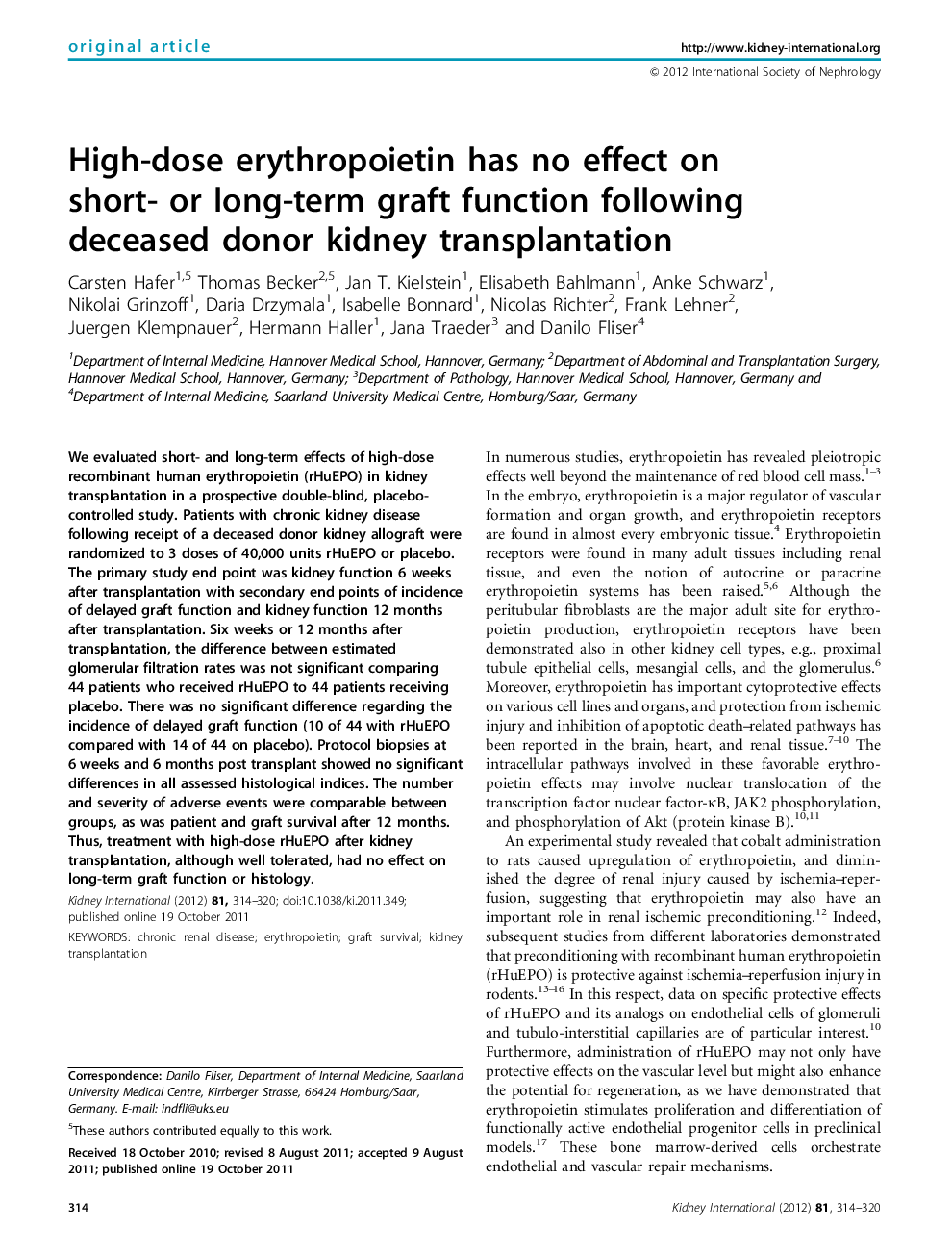 High-dose erythropoietin has no effect on short- or long-term graft function following deceased donor kidney transplantation