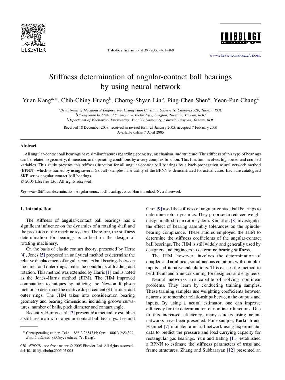 Stiffness determination of angular-contact ball bearings by using neural network