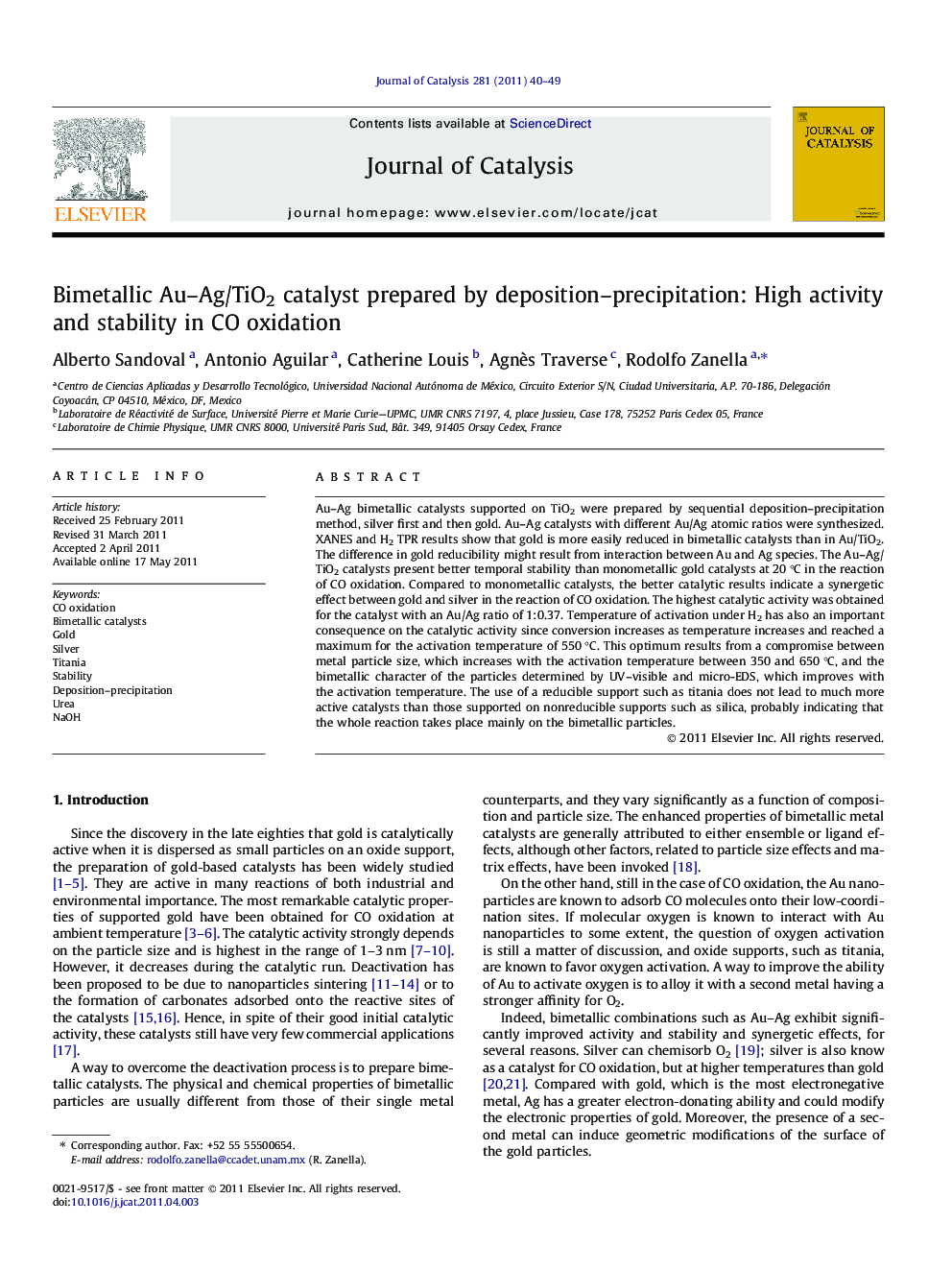 Bimetallic Au–Ag/TiO2 catalyst prepared by deposition–precipitation: High activity and stability in CO oxidation