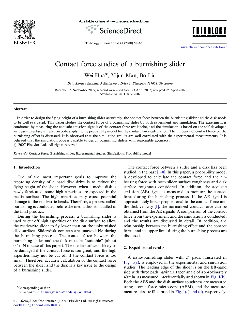 Contact force studies of a burnishing slider