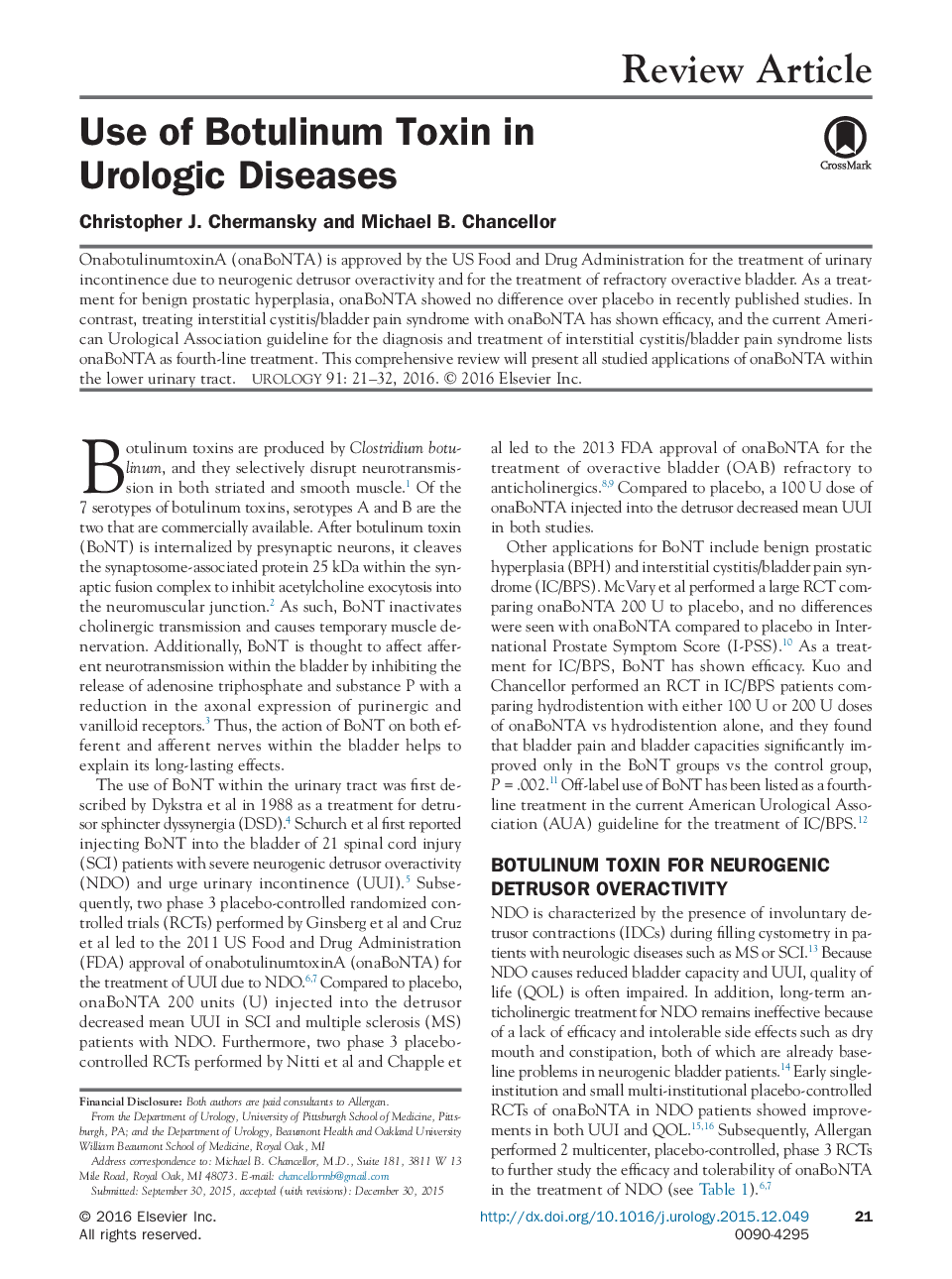 Use of Botulinum Toxin in Urologic Diseases