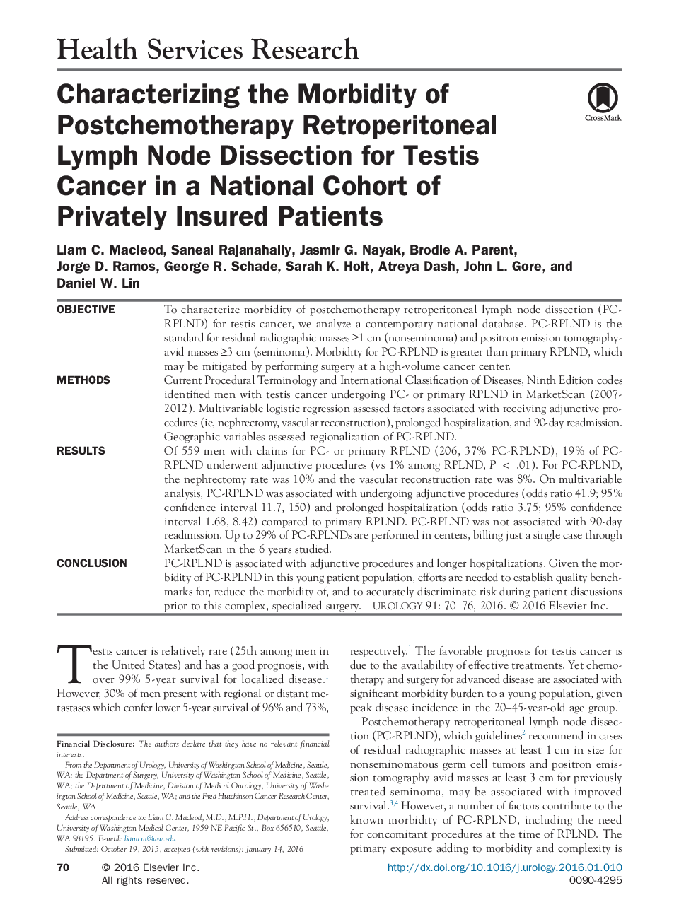 Characterizing the Morbidity of Postchemotherapy Retroperitoneal Lymph Node Dissection for Testis Cancer in a National Cohort of Privately Insured Patients