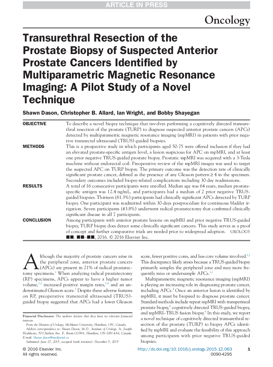 Transurethral Resection of the Prostate Biopsy of Suspected Anterior Prostate Cancers Identified by Multiparametric Magnetic Resonance Imaging: A Pilot Study of a Novel Technique