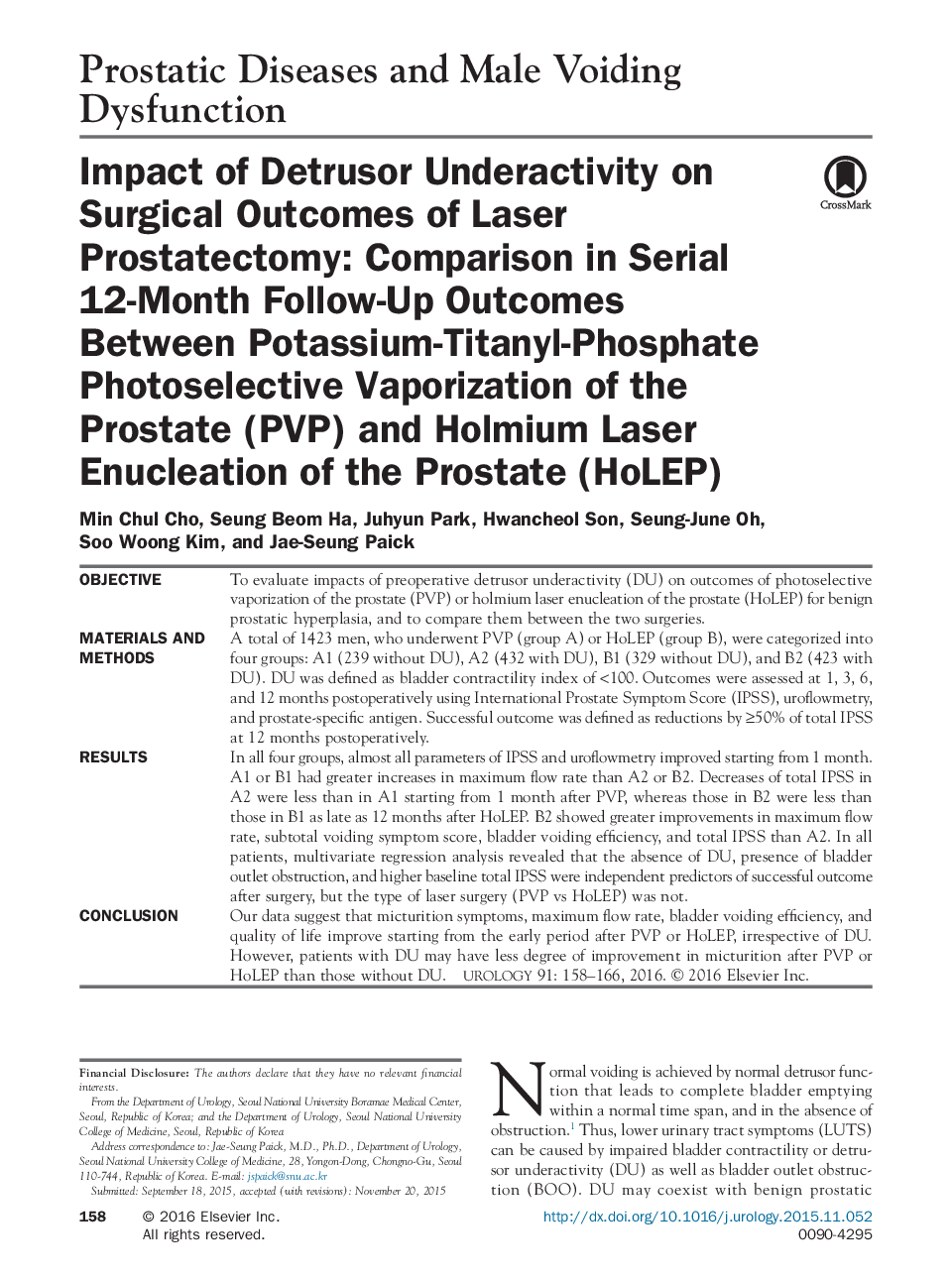 Impact of Detrusor Underactivity on Surgical Outcomes of Laser Prostatectomy: Comparison in Serial 12-Month Follow-Up Outcomes Between Potassium-Titanyl-Phosphate Photoselective Vaporization of the Prostate (PVP) and Holmium Laser Enucleation of the Prost