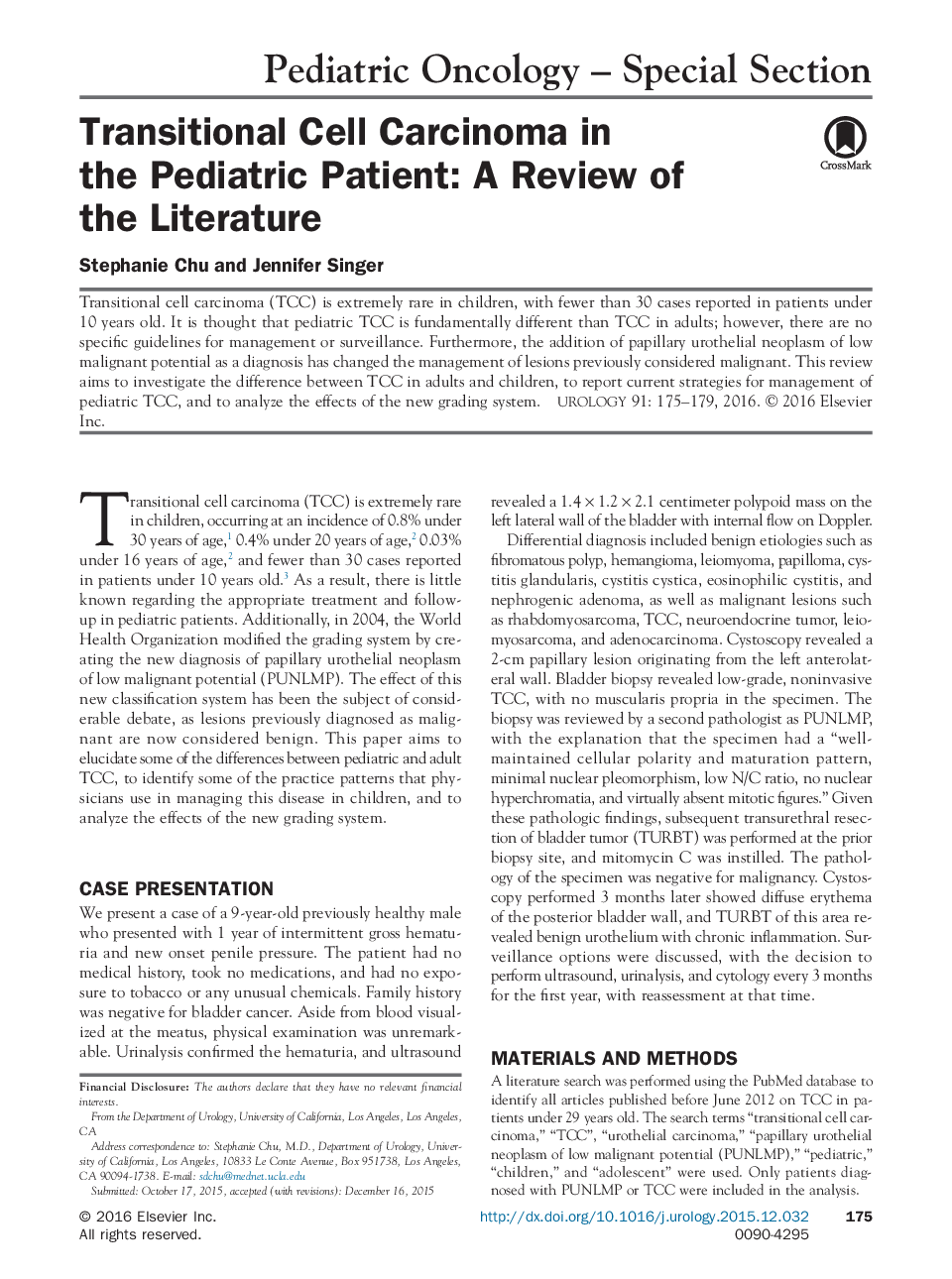 Transitional Cell Carcinoma in the Pediatric Patient: A Review of the Literature