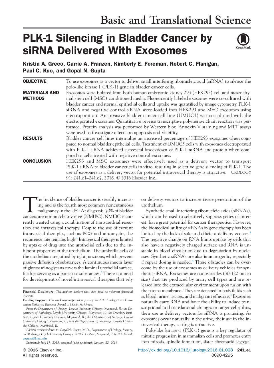 PLK-1 Silencing in Bladder Cancer by siRNA Delivered With Exosomes