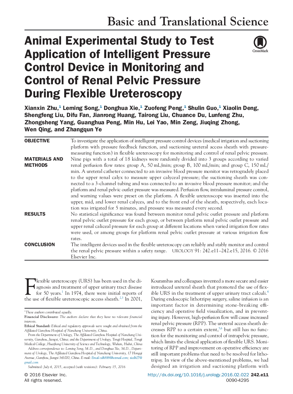 Animal Experimental Study to Test Application of Intelligent Pressure Control Device in Monitoring and Control of Renal Pelvic Pressure During Flexible Ureteroscopy