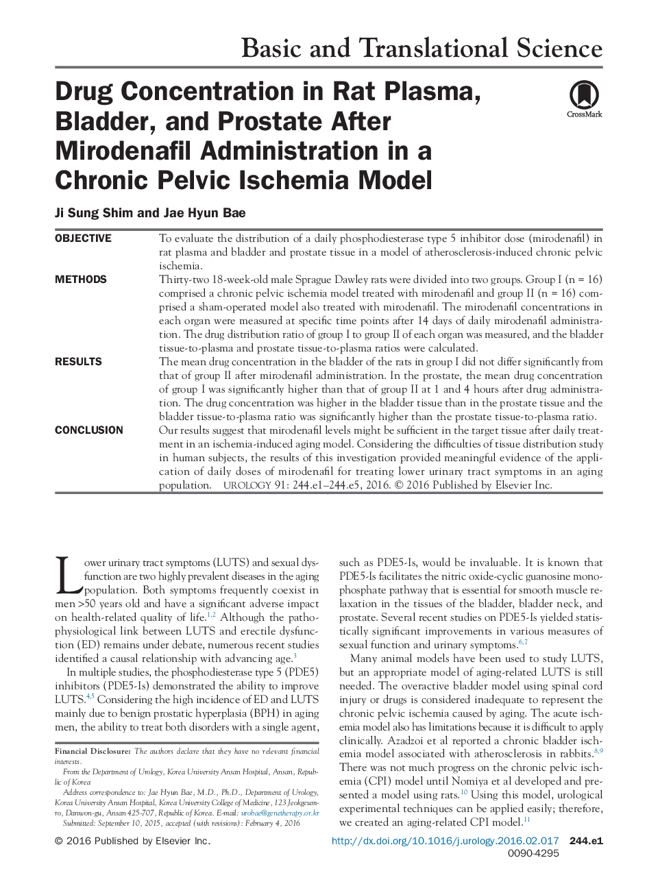 Drug Concentration in Rat Plasma, Bladder, and Prostate After Mirodenafil Administration in a Chronic Pelvic Ischemia Model