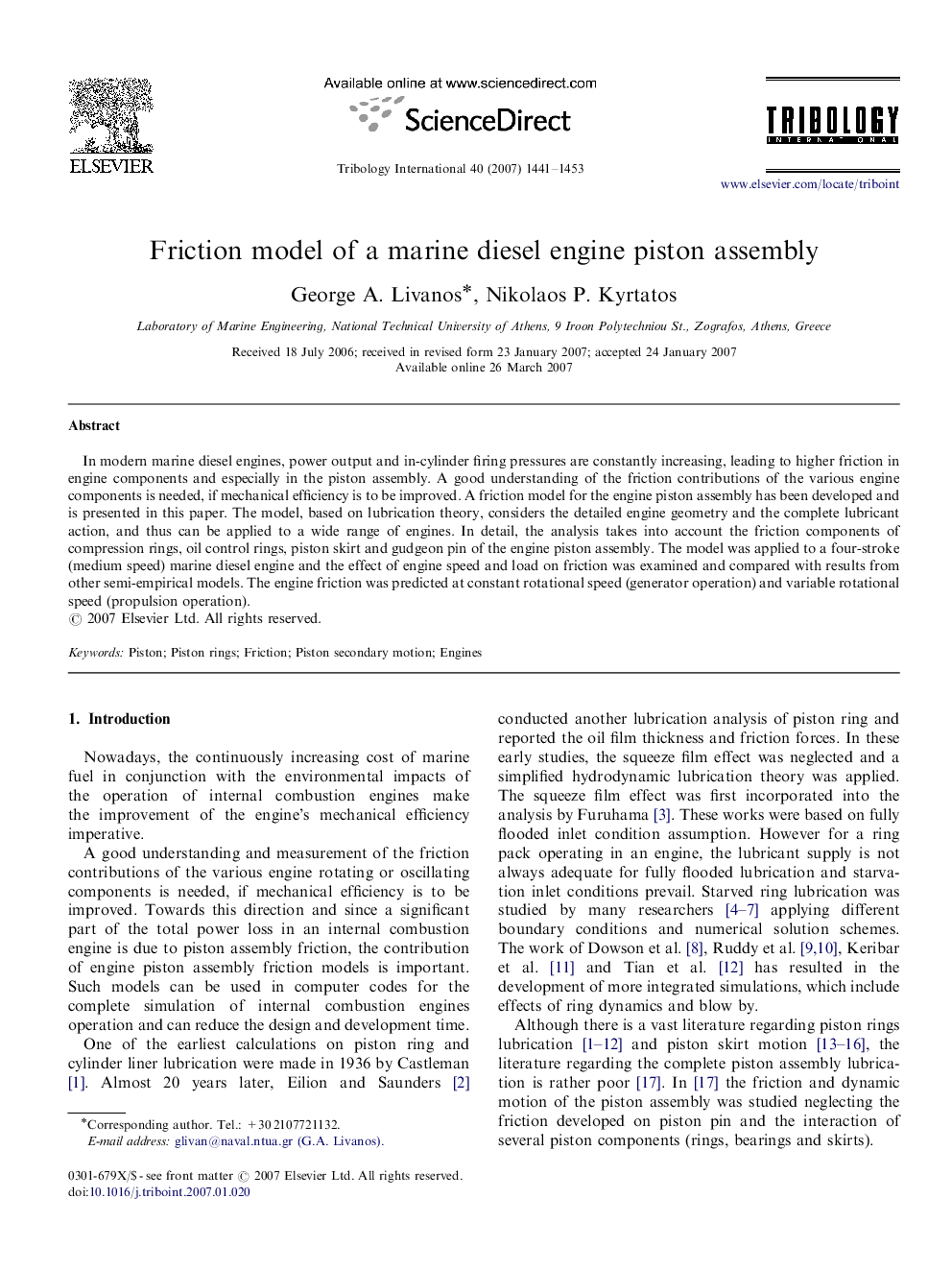 Friction model of a marine diesel engine piston assembly