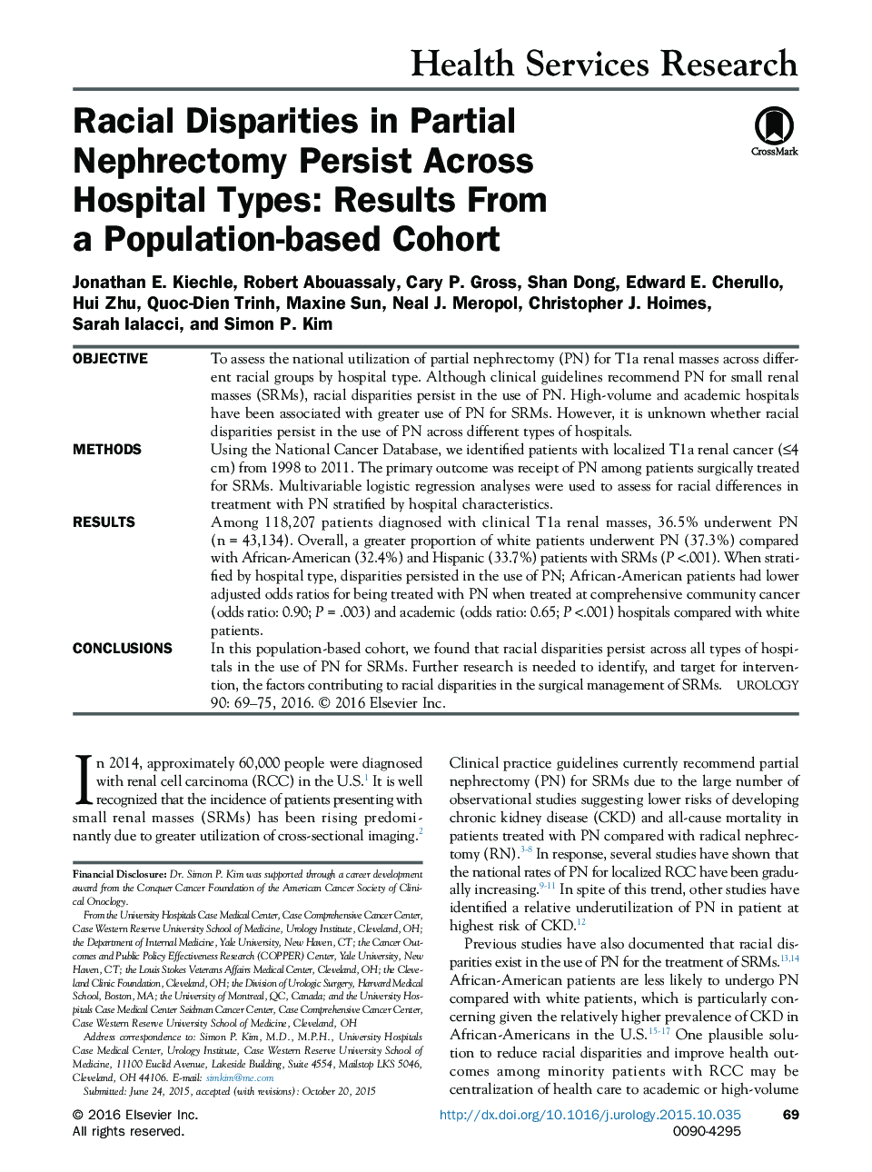 Racial Disparities in Partial Nephrectomy Persist Across Hospital Types: Results From a Population-based Cohort