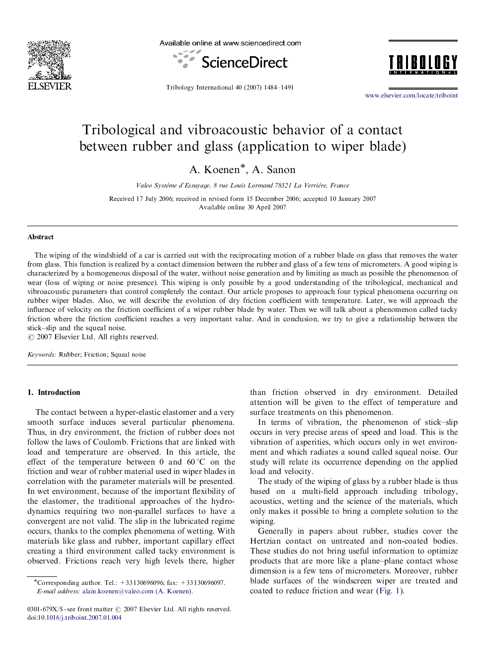 Tribological and vibroacoustic behavior of a contact between rubber and glass (application to wiper blade)