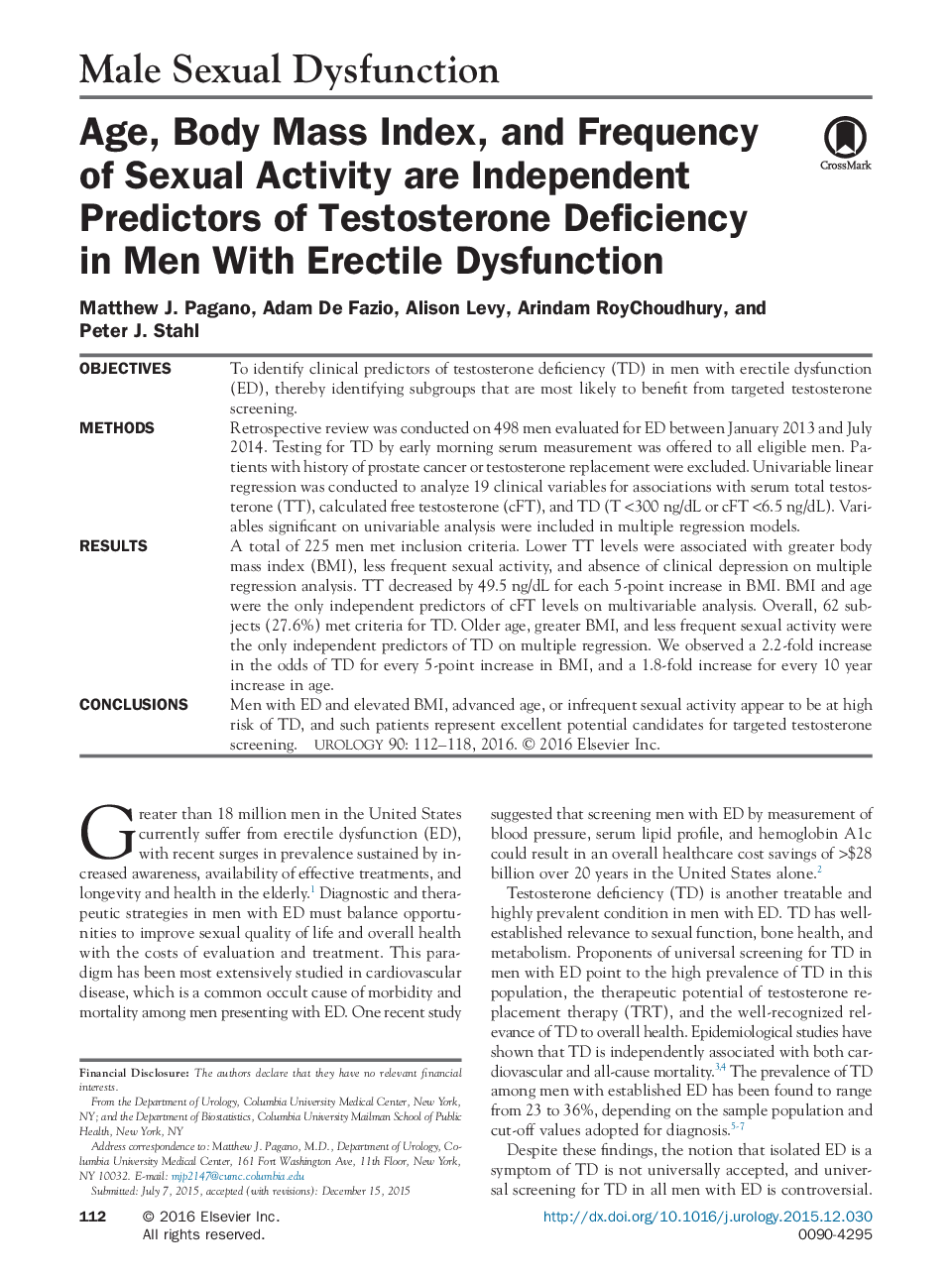Age, Body Mass Index, and Frequency of Sexual Activity are Independent Predictors of Testosterone Deficiency in Men With Erectile Dysfunction