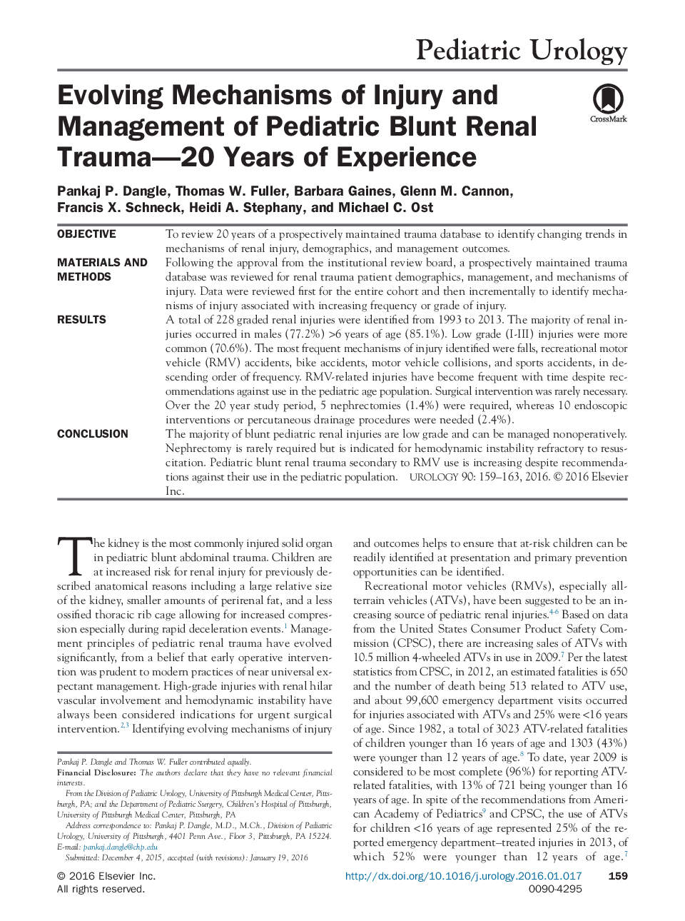 Evolving Mechanisms of Injury and Management of Pediatric Blunt Renal Trauma-20 Years of Experience