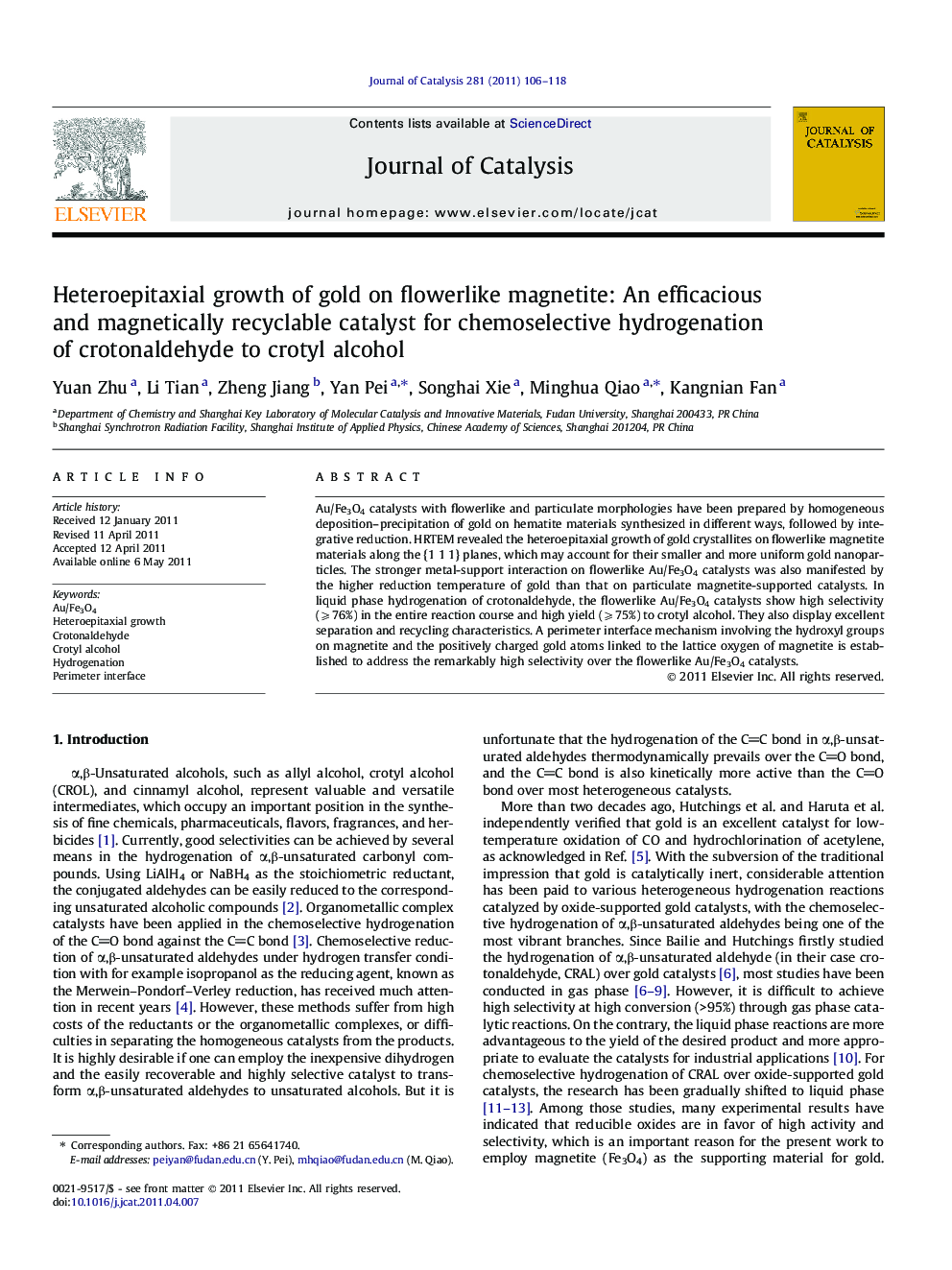 Heteroepitaxial growth of gold on flowerlike magnetite: An efficacious and magnetically recyclable catalyst for chemoselective hydrogenation of crotonaldehyde to crotyl alcohol