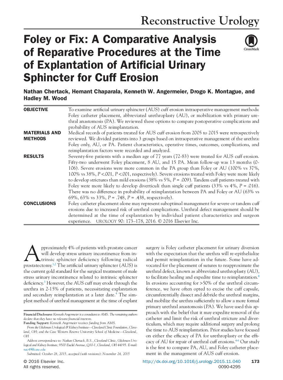 Reconstructive UrologyFoley or Fix: A Comparative Analysis of Reparative Procedures at the Time of Explantation of Artificial Urinary Sphincter for Cuff Erosion