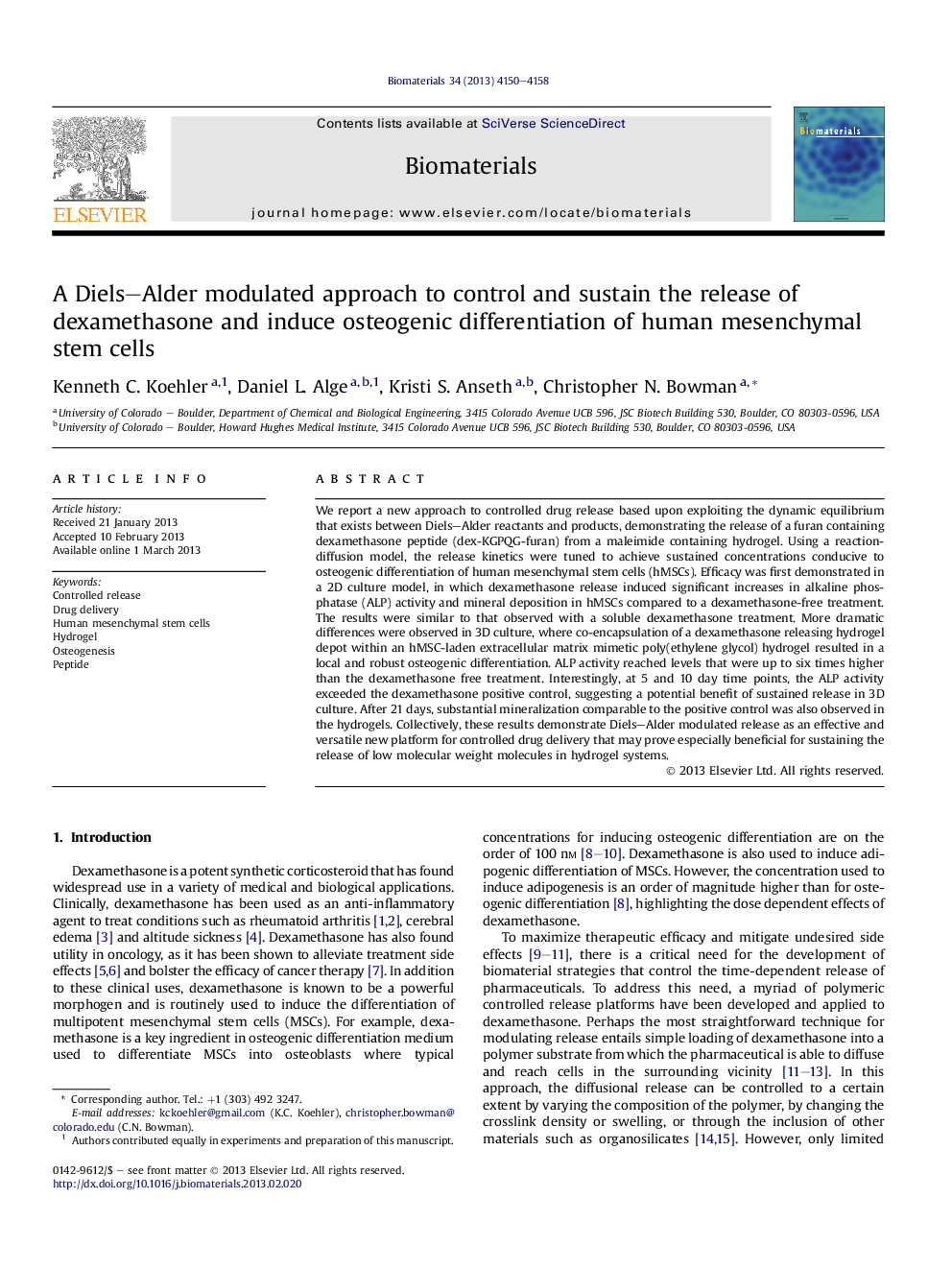 A Diels–Alder modulated approach to control and sustain the release of dexamethasone and induce osteogenic differentiation of human mesenchymal stem cells