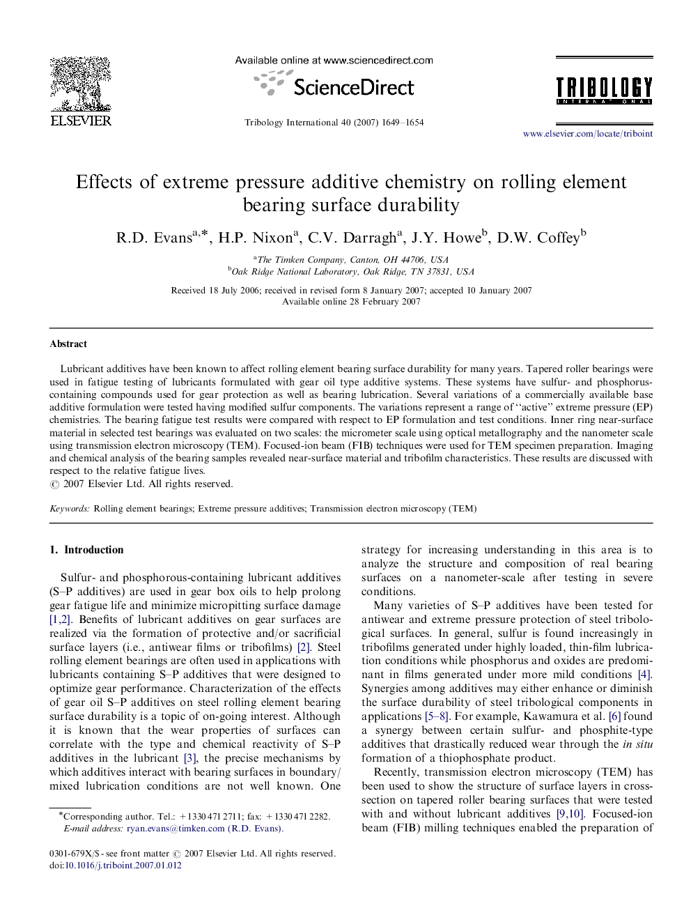 Effects of extreme pressure additive chemistry on rolling element bearing surface durability