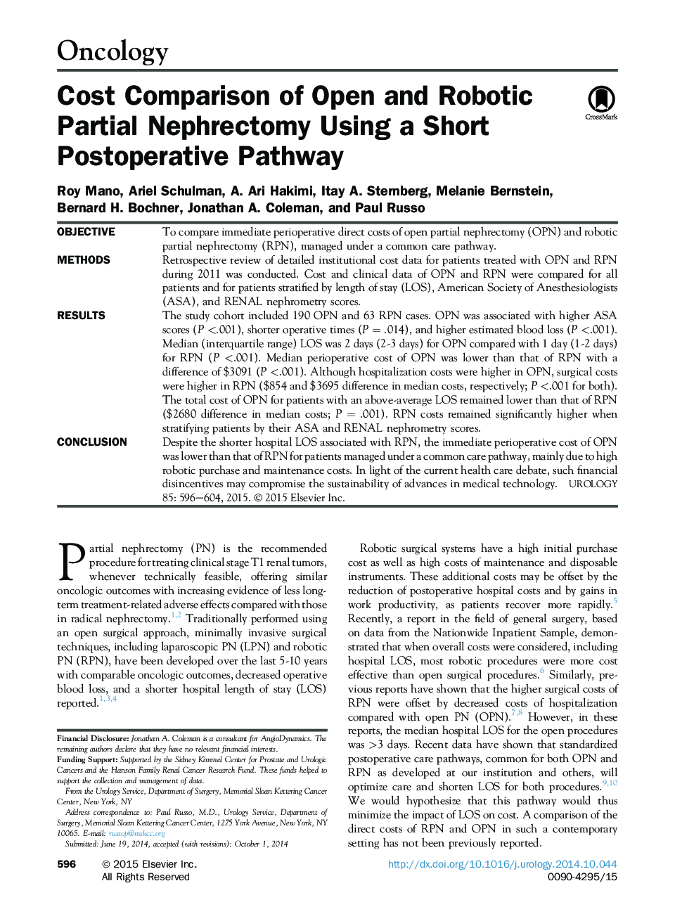 Cost Comparison of Open and Robotic Partial Nephrectomy Using a Short Postoperative Pathway