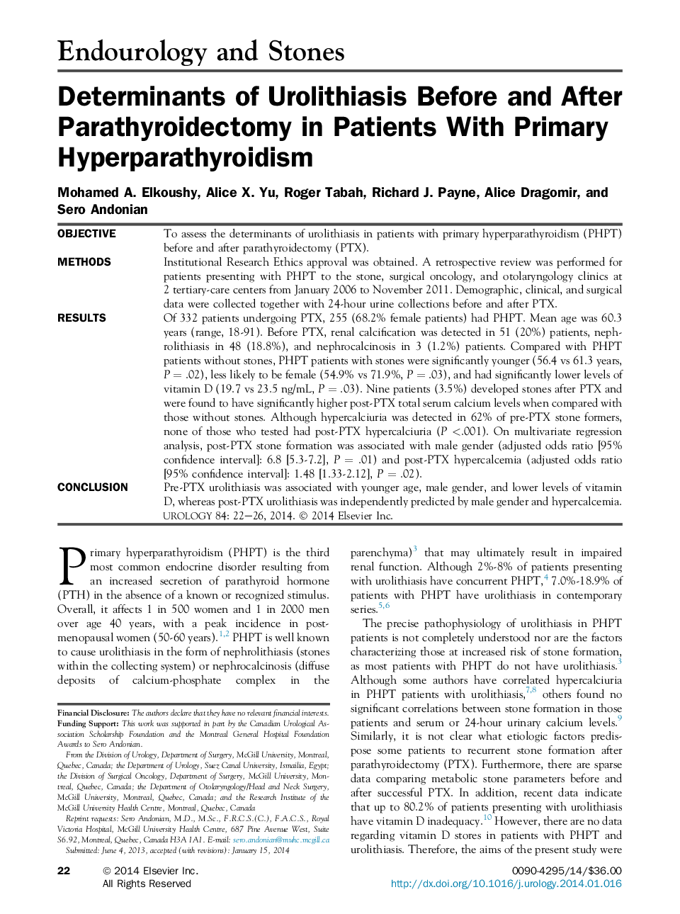 عوامل تعیین کننده اورولوژیست قبل و بعد از پاراتیدروئیدکتومی در بیماران مبتلا به هیپرپاراتیروئید اولیه 
