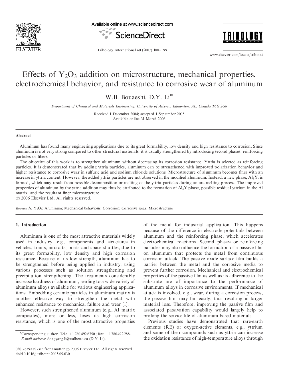 Effects of Y2O3 addition on microstructure, mechanical properties, electrochemical behavior, and resistance to corrosive wear of aluminum