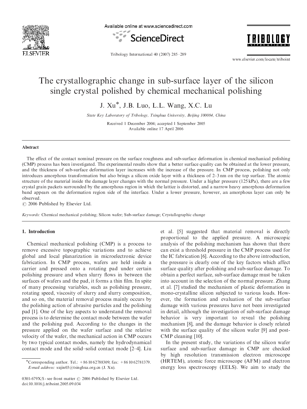 The crystallographic change in sub-surface layer of the silicon single crystal polished by chemical mechanical polishing