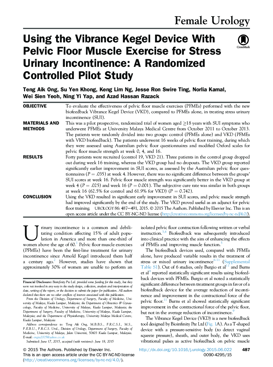 Using the Vibrance Kegel Device With Pelvic Floor Muscle Exercise for Stress Urinary Incontinence: A Randomized Controlled Pilot Study